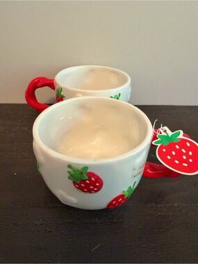 White Ceramic Strawberry Mug with Red Handle by Sunday Morning Set of 2